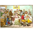 Viñeta satírica de James Gillray, de las Publications of ye Anti-Vaccine Society, que muestra a Edward Jenner administrando vacunas contra el virus de la viruela bovina en el hospital de San Pancracio.